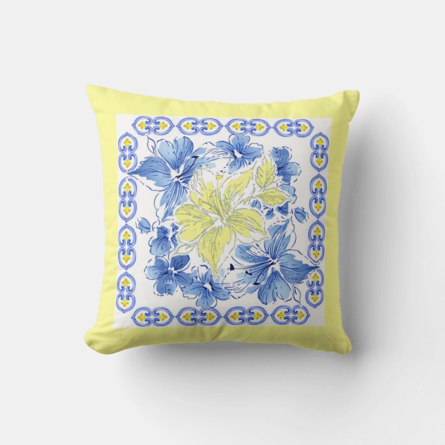 Arrière - plan floral bleu et jaune du coussin (Recto)