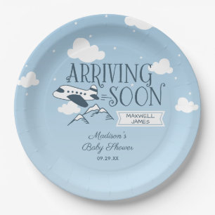 Arriving Soon Airplane Baby Shower Invitation Paper Plate