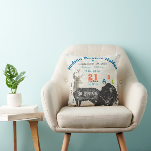 Arrow Boy Forest Nursery Baby Birth Stat Bear Deer Throw Pillow