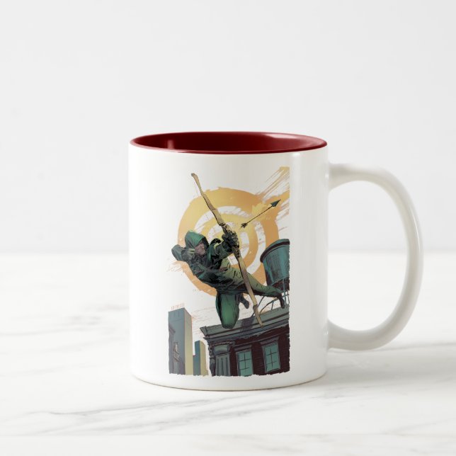 Arrow | Green Arrow Fires From Rooftop Two-Tone Coffee Mug (Right)