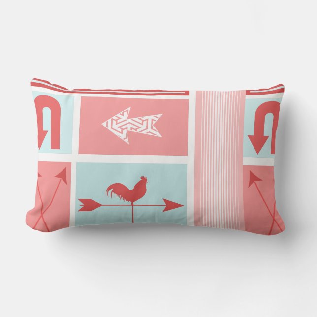 Arrow Mid-Century Aqua Red Rooster Colour Block Lumbar Pillow (Front)