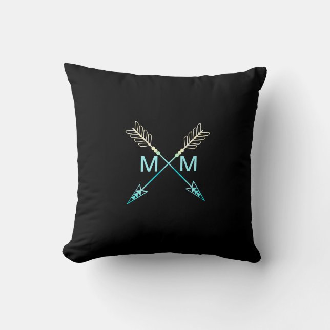 Arrow Modern Tribal Monogram Black & Teal Throw Pillow (Front)