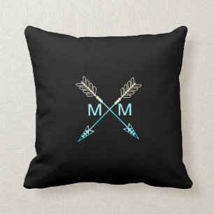 Arrow Modern Tribal Monogram Black & Teal Throw Pillow