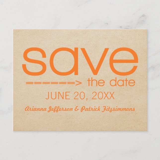 Arrow Typography Save the Date Postcard, Orange Announcement Postcard (Front)