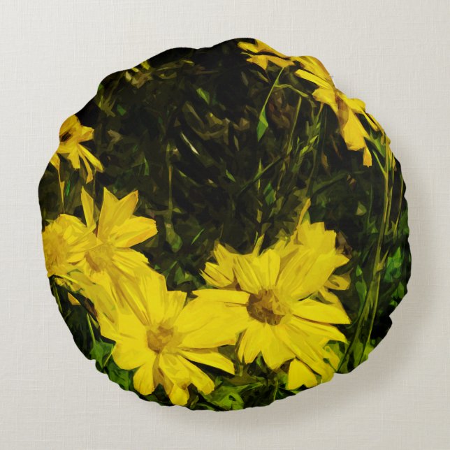 Arrowleaf Balsamroot Yellow Wildflower Abstract Round Pillow (Back)
