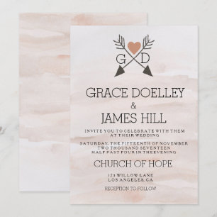 Arrows and Heart Rustic Watercolor Wedding Invite