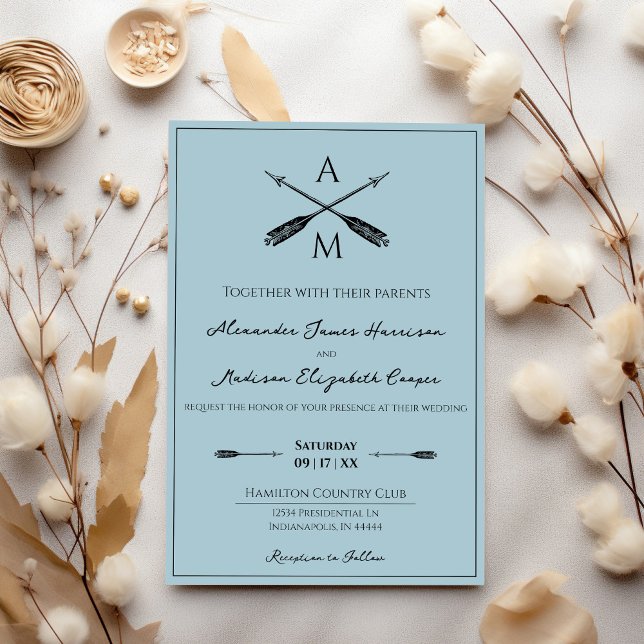 Arrows and Monograms Wedding | Aqua Invitation (Aqua Arrows and Monograms Wedding Invitation)