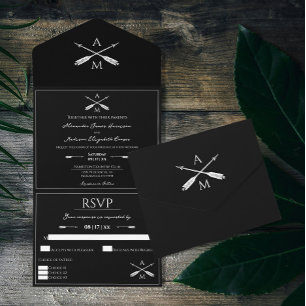 Arrows and Monograms Wedding   Black All In One Invitation