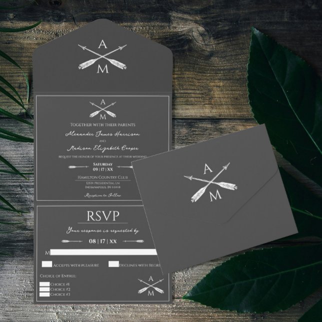 Arrows and Monograms Wedding | Charcoal Grey All In One Invitation (Charcoal Arrows and Monograms Wedding All in One Invitation)