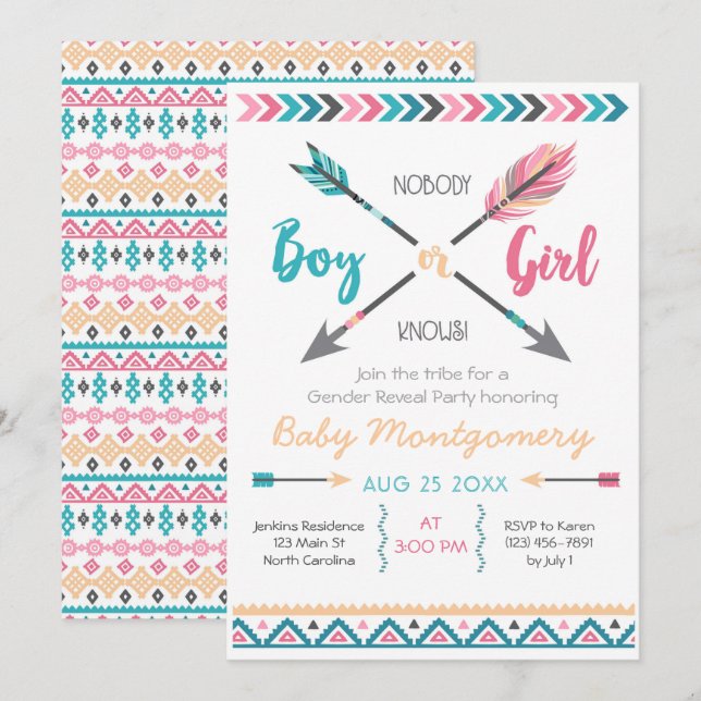 Arrows Gender Reveal Party Invitation Feathers Boh (Front/Back)