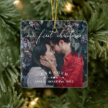 Arrows & Heart First Christmas Engaged Photo Ceramic Ornament<br><div class="desc">Double-sided our first Christmas ornament to which you can add two photos of you and you significant other. Our first Christmas is written across in a delicate white script. Add your names and the year you got engaged beneath two arrows pointing at a heart. ENGAGED in curved text.</div>