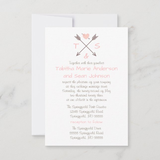 Arrows Pink Heart - 3x5 Wedding & Reception Invite (Front)
