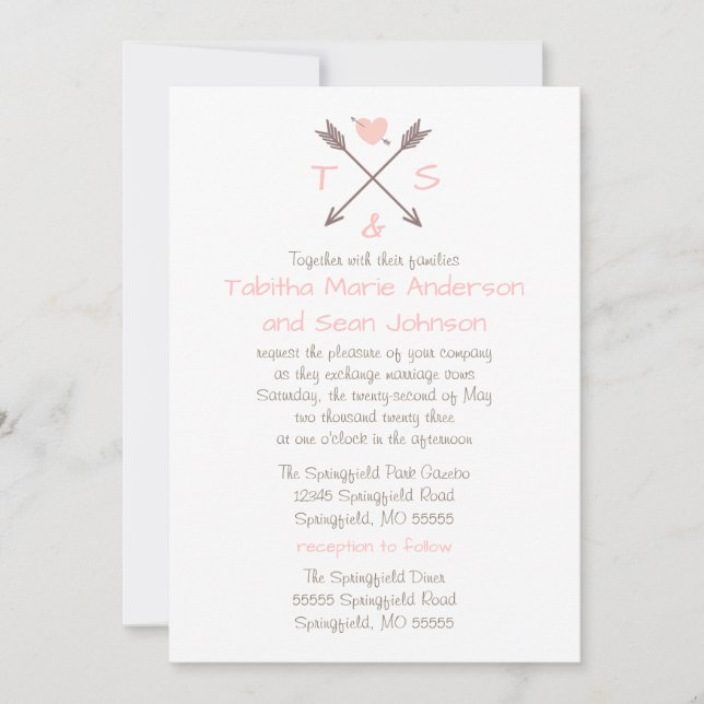 Arrows Pink Heart - Wedding & Reception Invitation (Front)