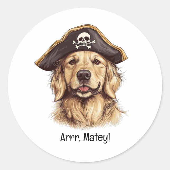 Arrr Matey Pirate Golden Retriever Dog Skull Classic Round Sticker (Front)