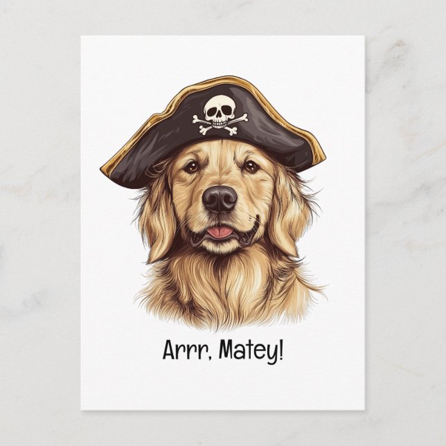 Arrr Matey Pirate Golden Retriever Dog Skull Postcard (Front)