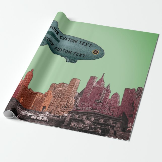 ART 1930'S BLIMP NEW YORK CITY SKYLINE  YOUR TEXT WRAPPING PAPER (Unrolled)