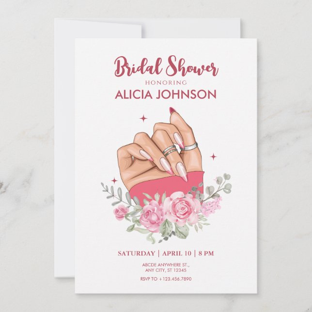 Art à ongles floral nuptiale Invitation douche nup (Devant)