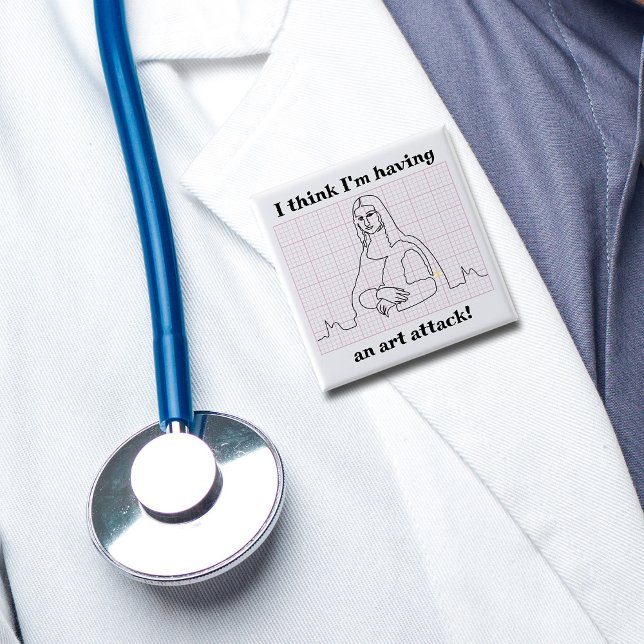 Art Attack Funny Mona Lisa EKG Cardiology Pun 2 Inch Square Button (Creator Uploaded)