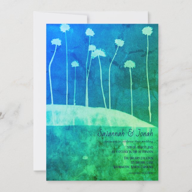 Art bleu vert Fleur Gras Faire-part de mariage (Devant)