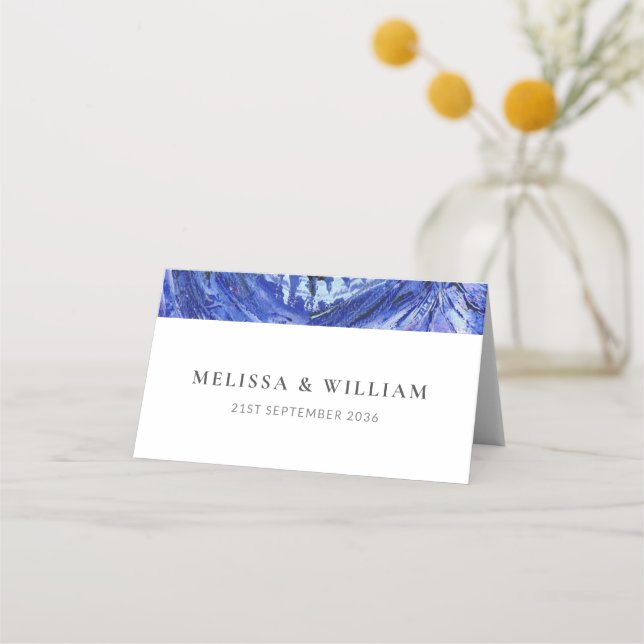 Art Blue White Wedding Place Card (Back)