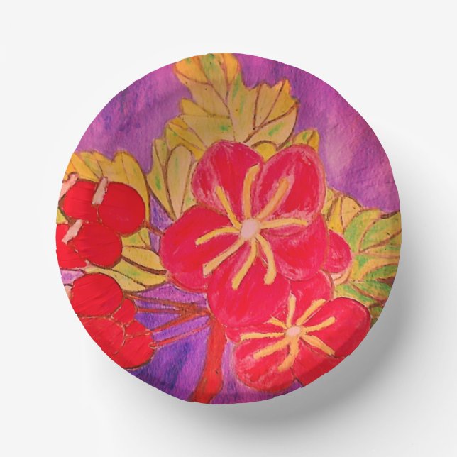 ART BRIGHT SHINY FLOWER DESIGN RED GREEN MAUVE PAPER PLATE (Front)