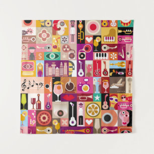 Art collage, musical vintage illustration. Patchwo Tapestry