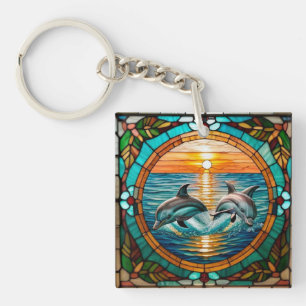 Art de verre coloré avec des dauphins bondissant a
