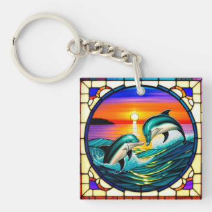 Art de verre coloré avec des dauphins bondissant a