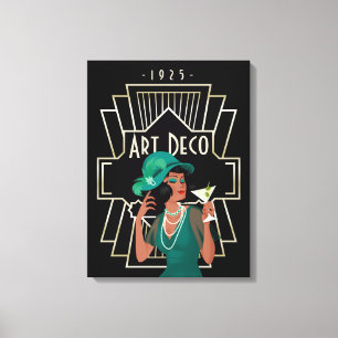 Art Déco 1920 Lady Green Robe Or Cadre Noir