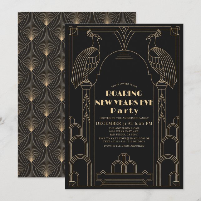 Art Deco 1920's Gatsby Peacock New Years Eve Invitation (Front/Back)
