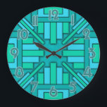 Art Deco 1920s Geometric Teal Green Blue Pattern Large Clock<br><div class="desc">This beautiful, original clock design is done in a geometric art deco style reminiscent of the modern 20's. The rectangular shapes point inward towards the clock hands. The colours are done in various shades of green and blue, ranging from teal to turquoise to sea green. The clock numbers are teal...</div>