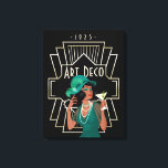 Art Deco 1920s Lady Green Dress Gold Frame Black Canvas Print<br><div class="desc">Vintage Art Deco style with this glam 1920s Lady In a green dress and hat holding a cocktail,  and a gold twenties style frame and typography Art Deco and 1925. Would be great wall art for Art Deco style bar or restaurant maybe.</div>