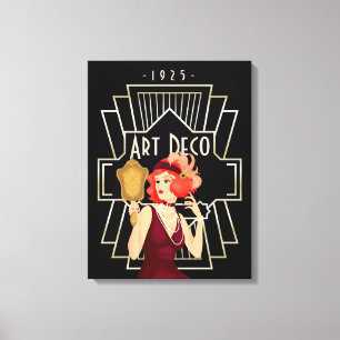 Art Deco 1920s Lady Mirror Gold Frame Black Canvas Print