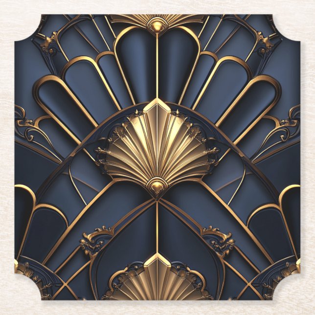 Art Deco 1920's Navy Blue & Gold Elegant Paper Coaster (Front)