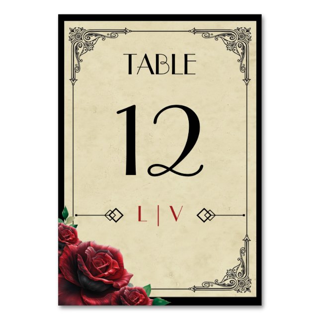 Art Deco 1920's Red Rose Wedding  Table Number (Front)