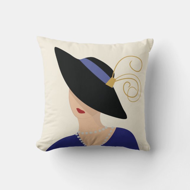 Art Deco 1930s Fashion Plate Woman in Black Hat Throw Pillow (Front)