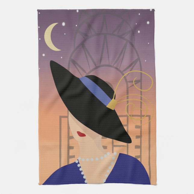 Art Deco 1930s Woman in Hat with Chrysler Building Kitchen Towel (Vertical)