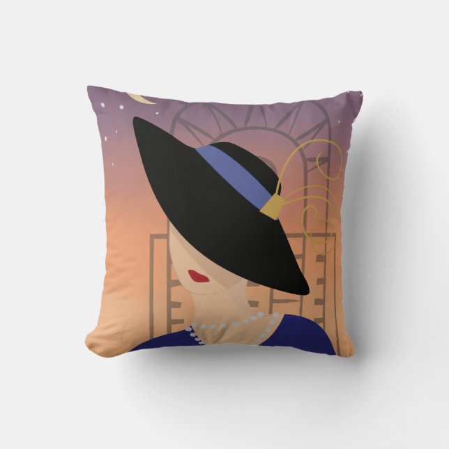 Art Deco 1930s Woman in Hat with Chrysler Building Throw Pillow (Front)