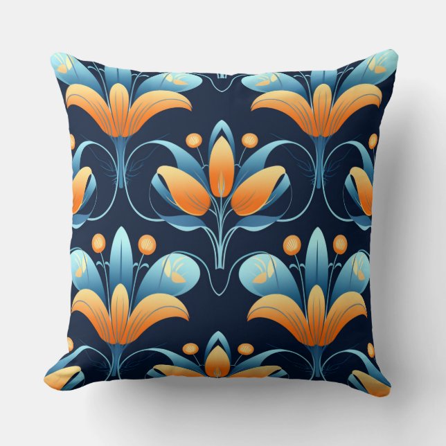 Art Deco 1 blue orange flowers Throw Pillow (Front)