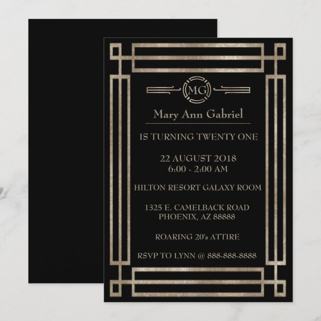 Art Deco 21st birthday party Invite (Front/Back)