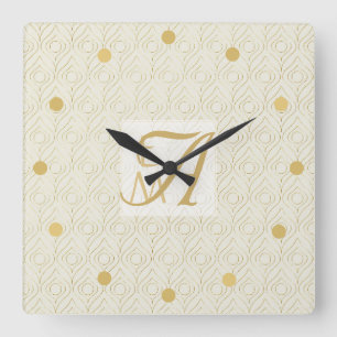 Art Deco 3 Initial Monogram Gold Cream Pattern Squ Square Wall Clock