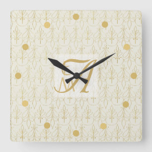Art Deco 3 Initial Monogram Gold Cream Pattern Square Wall Clock