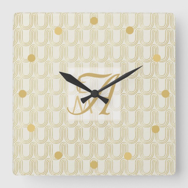 Art Deco 3 Letter Monogram Gold Cream Pattern Squ Square Wall Clock (Front)