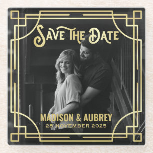 Art Deco Add Your Photo Elegant Gold Save the Date Glass Coaster