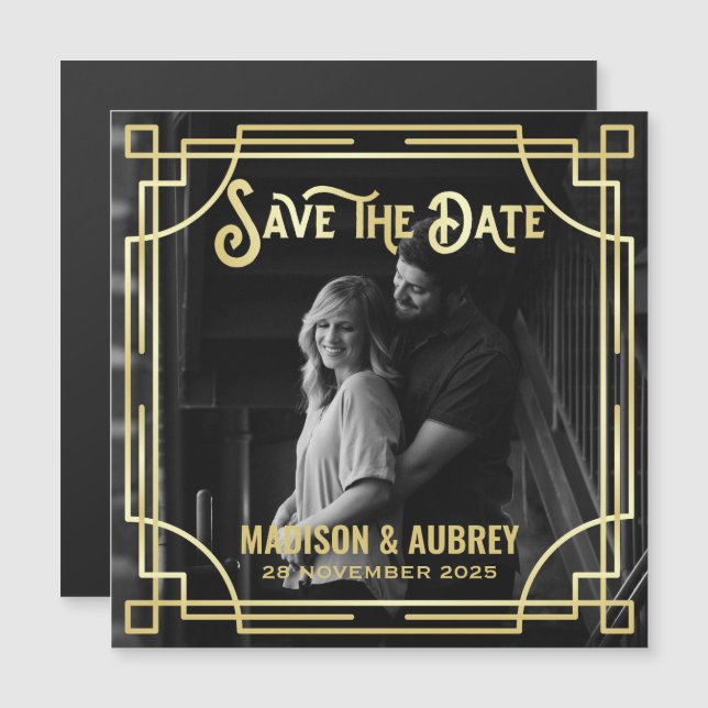 Art Deco Add Your Photo Elegant Gold Save the Date Magnetic Invitation (Front/Back)