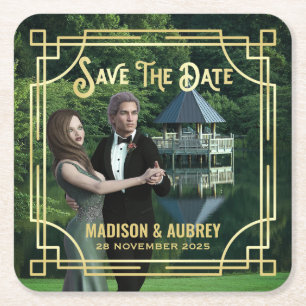 Art Deco Add Your Photo Elegant Gold Save the Date Square Paper Coaster