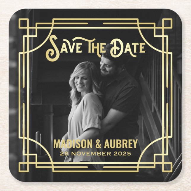 Art Deco Add Your Photo Elegant Gold Save the Date Square Paper Coaster (Front)