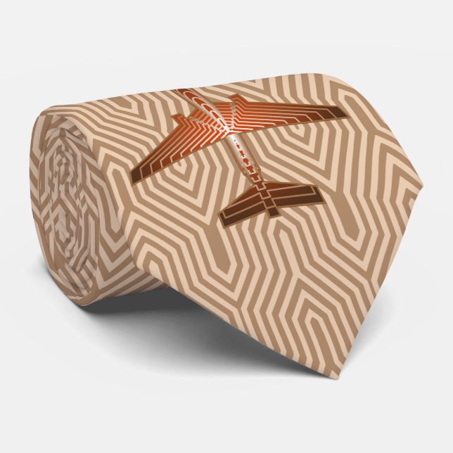 Art Deco Airplane, Bronze, Gold and Rust Brown Tie (Rolled)