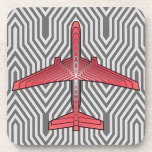 Art Deco Airplane, Coral Orange and Silver Grey Coaster