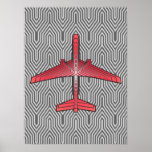 Art Deco Airplane, Coral Orange and Silver Grey Poster<br><div class="desc">Print in an Art Deco inspired concept of a futuristic plane,  in a striped,  silky gradient of silver grey / grey stripes on deep coral orange,  against  a light and deep silver grey,  Deco background</div>